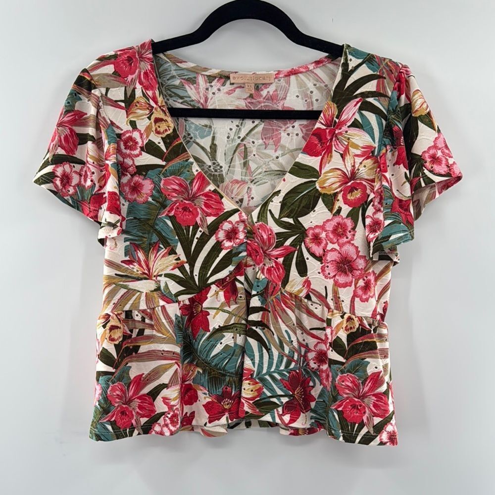 3for$20 Evolutionary Floral Pink Teal Floral V-Neck Style Crop StyleTop Size: XL